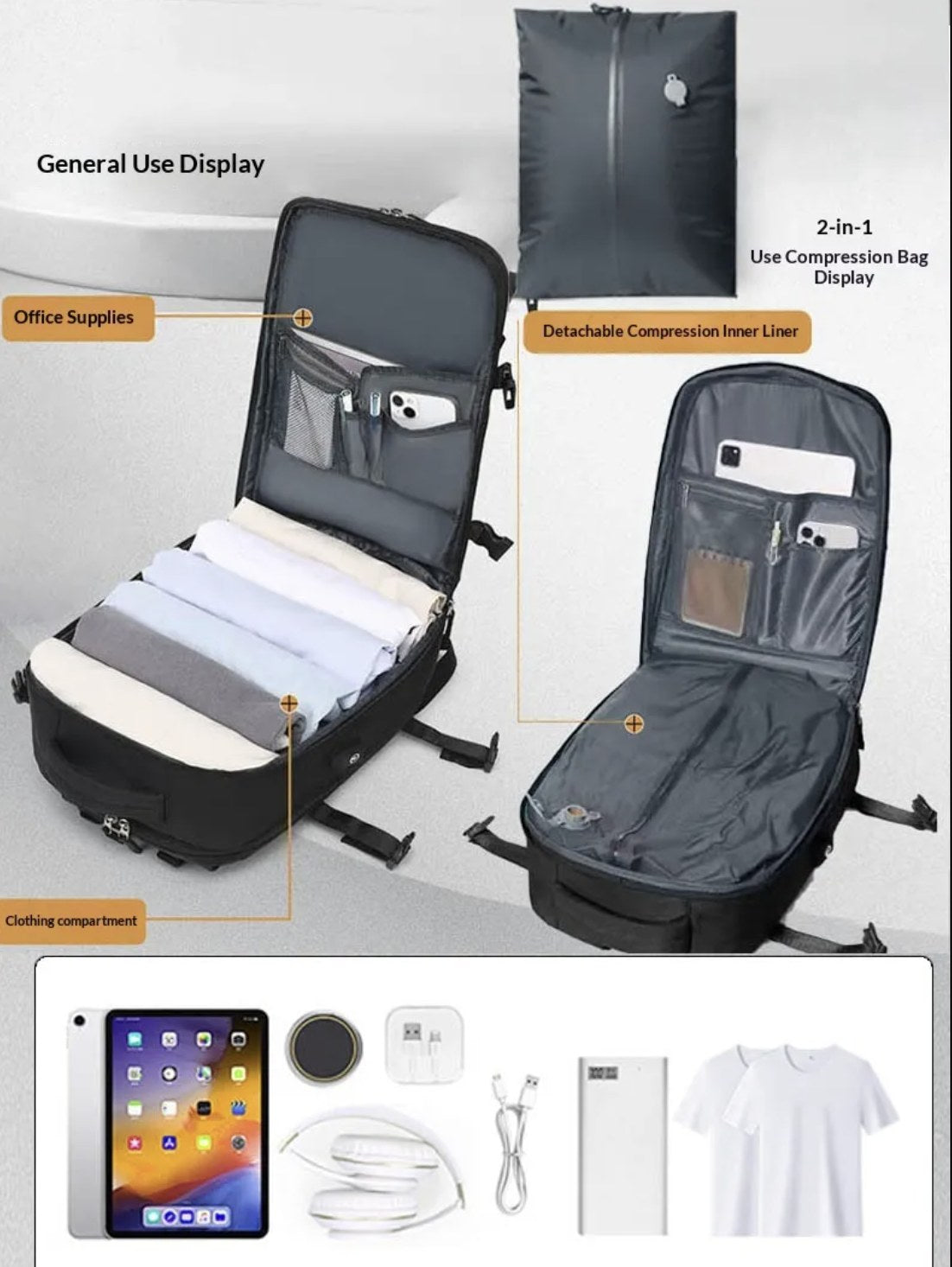 AirPack opened flat showing compressed folded clothing and the detachable compression inner liner