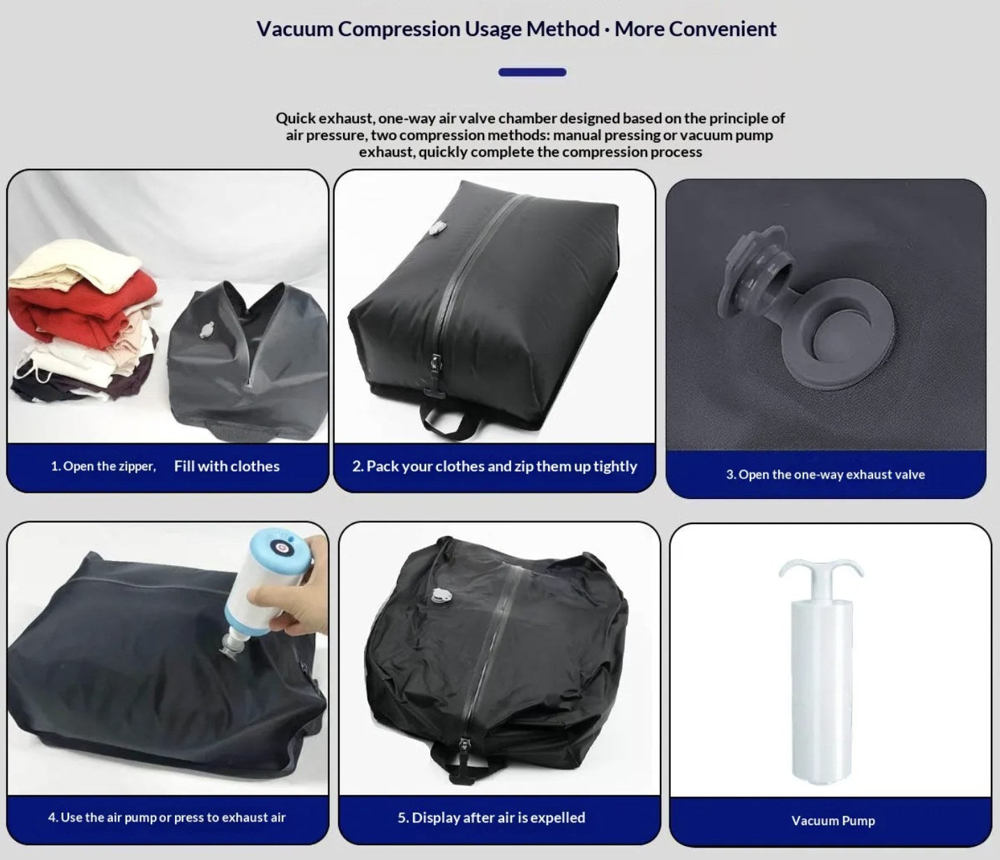 Step-by-step guide to compressing clothes with the AirPack manual vacuum pump